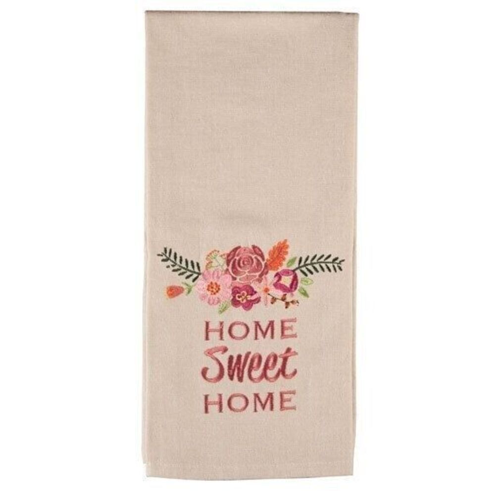 Home Sweet Home Embroidered Kitchen Tea Towels Tan Pink Flowers 2-Pc Gift NEW